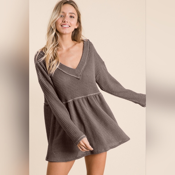 BiBi Tops - BiBi Waffle Knit V-Neck Babydoll Blouse